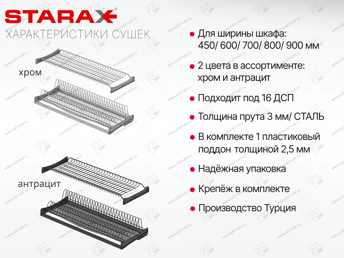 S-5160-C-18-1 Сушилка для посуды с поддоном, 700 мм, для 18 ДСП, Starax, 664х295-345 мм, хром (комплект посудосушителей) 5