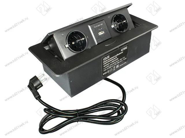 11.800.02.046 (055) Блок розеток выдвижной POP UP (горизонтальный), корпус черный, 2 розетки EURO черные, USB A + USB C, с быстрой зарядкой QC, 250В, max 2700Вт, кабель 2м с вилкой 1