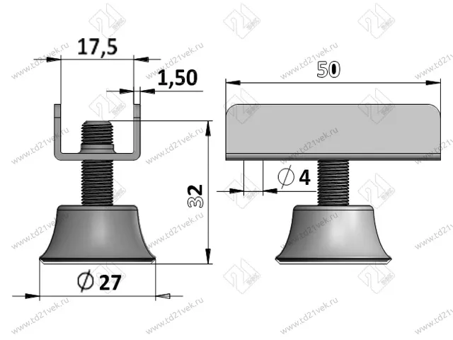Опора регулируемая П-образная белая, М8, d27, h15-30мм, для плиты 16мм 2