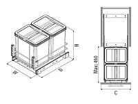 S-2582-G Мусорное ведро Starax 16+16л. шир. 400, с фас.крепл (340x485x385)<1> Серый