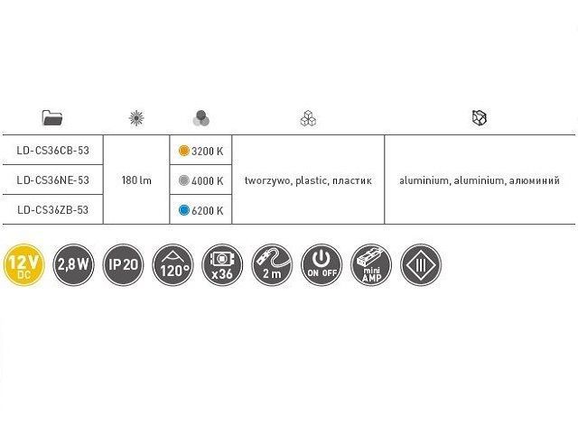 LD-CS36CB-53 светильник led с выключателем castello, 12v dc, 2,8 w,200см провод с miniamp, свет теплый <1>