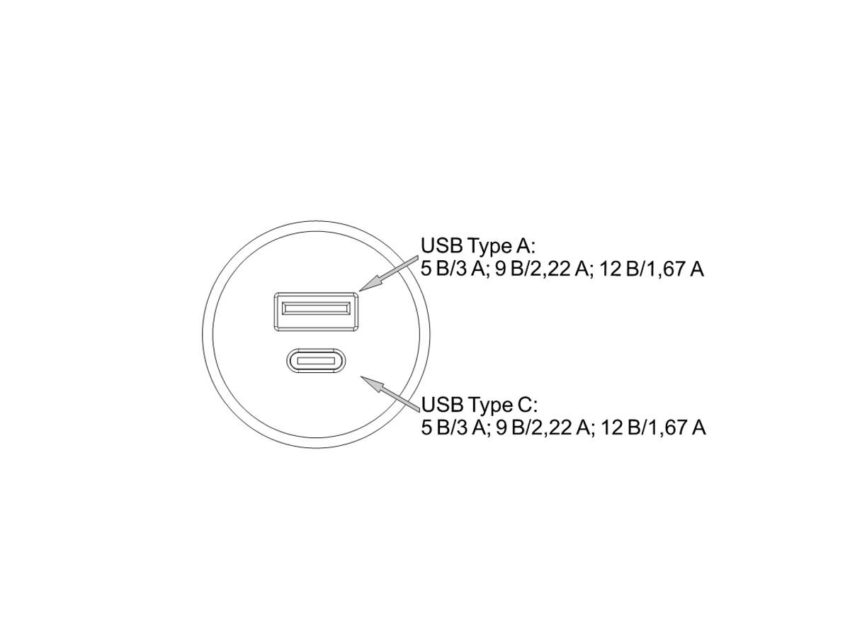 06.800.01.350 Зарядное устройство USB A+C 5V/3А, встраиваемое, входное напряжение 12В, серебристый, 37х27.5мм