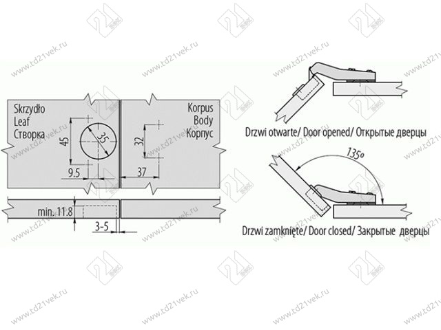 ZP-KT45H2-BE Петля угловая 45 накладная GTV без евро, с отв. пл., 45/35 мм, Н2 никель (сталь), <200> 2