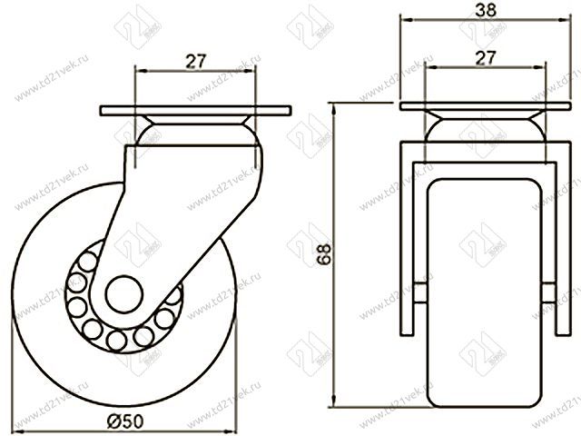 Опора колесная 325 нагрузка - 38 кг d=50, h=68 <100/500> 2