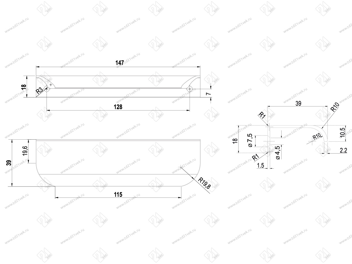 RT110BL.1/128/150 Ручка торцевая 147 мм матовый чёрный <50> 6