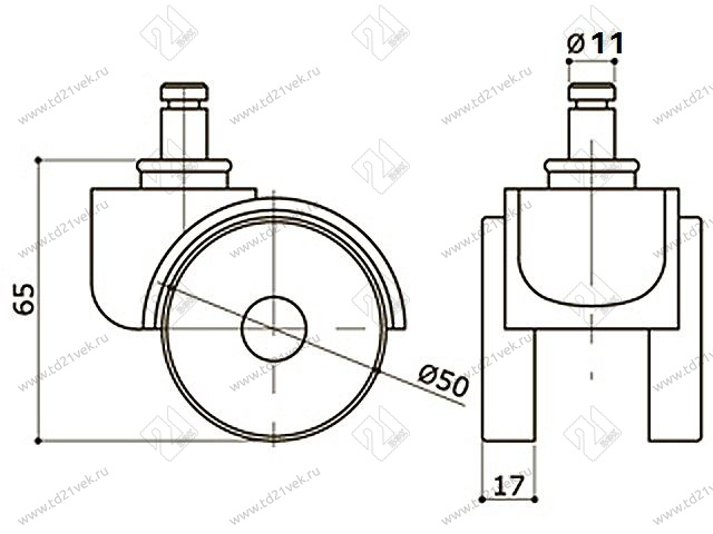 Опора колесная 413 нагрузка - 35 кг d=50, h=65 <100/300/500> 2