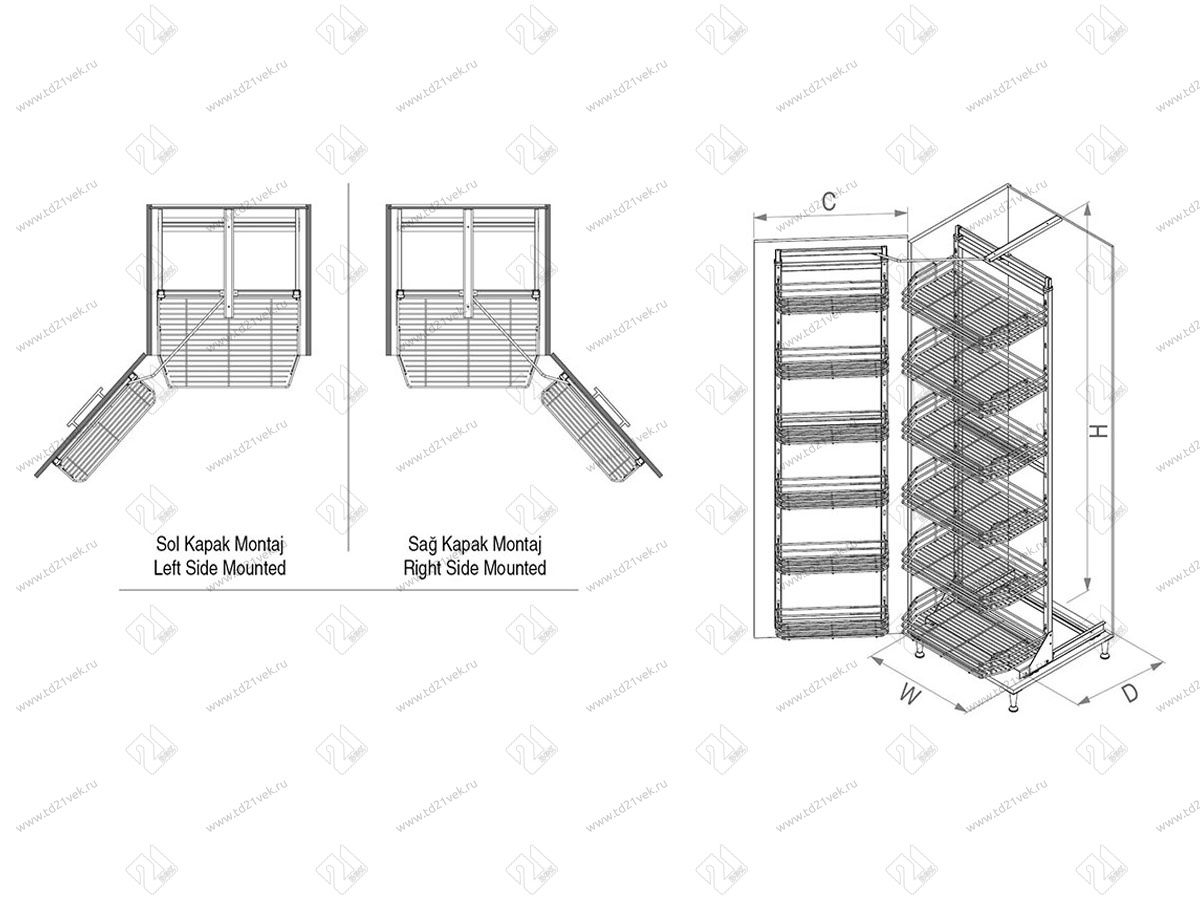 S-1230-C Выдвижная колонна для кухни в базу 600 мм, Starax, 6-ти ярусная, (530х510х1850-2000 мм) 3