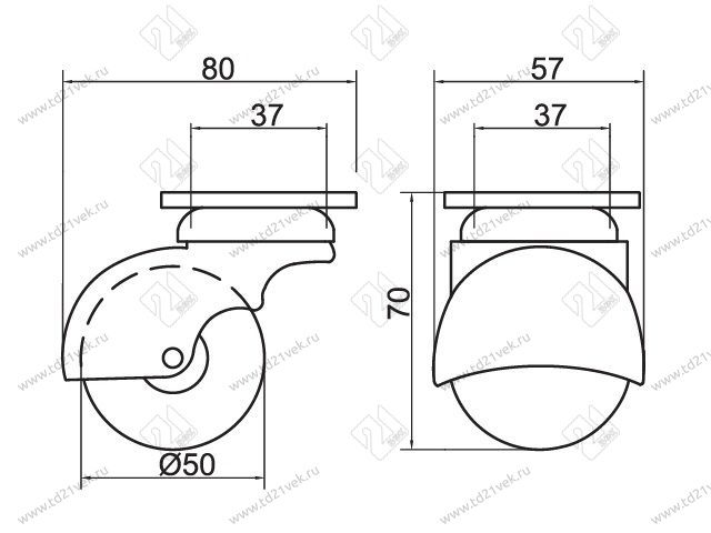 Опора колесная 208 шаровая большая нагрузка - 50 кг d=50, h=68 <100> 2