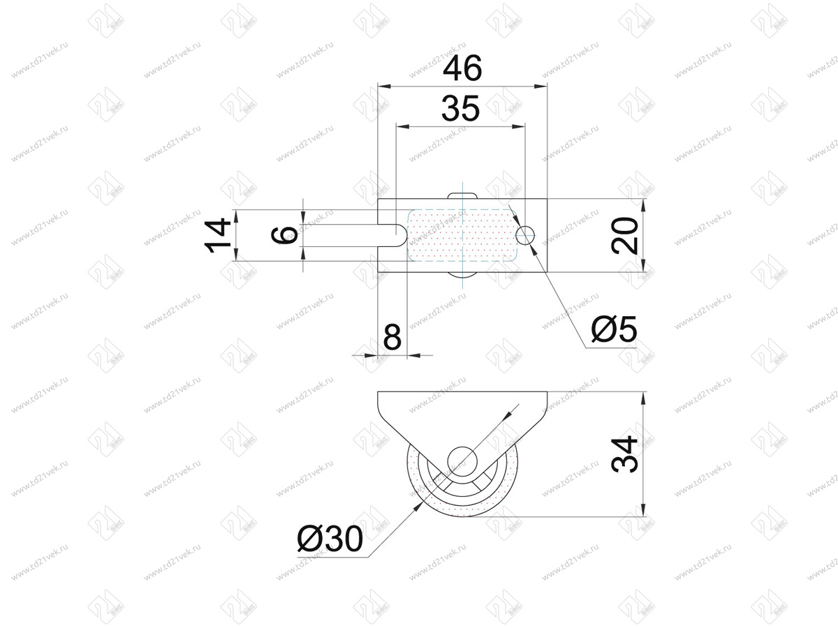 NF-05 Колесо неповоротное на площадке, нагрузка - 25кг, d=30, h=34, Серая резина <600> 2