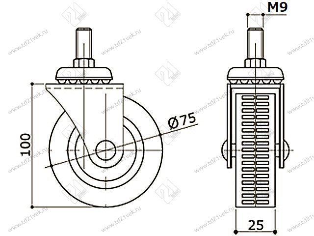 Опора колесная 352 нагрузка - 50 кг d=75, h=100 <100> 2