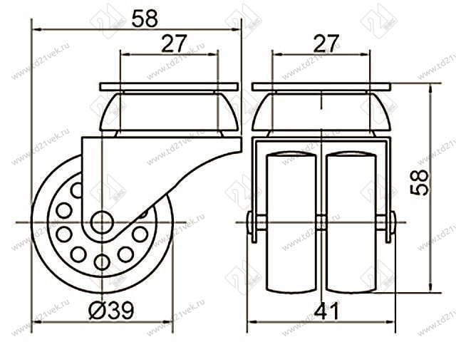 Опора колесная 125 нагрузка - 30 кг d=39, h=58 <100> 2