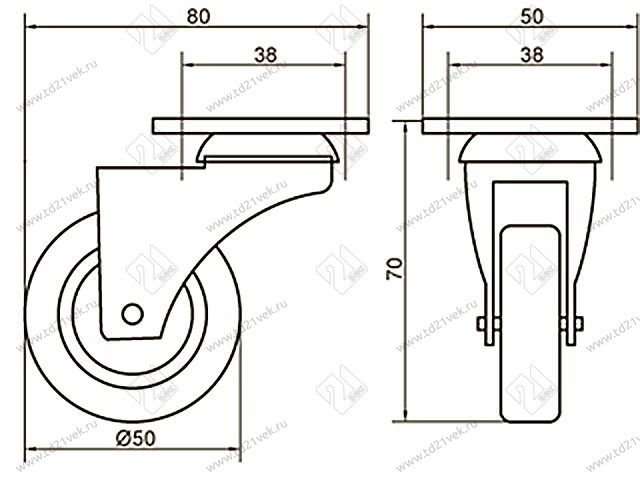 Опора колесная 331 нагрузка - 45 кг d=50, h=75 <200> 2