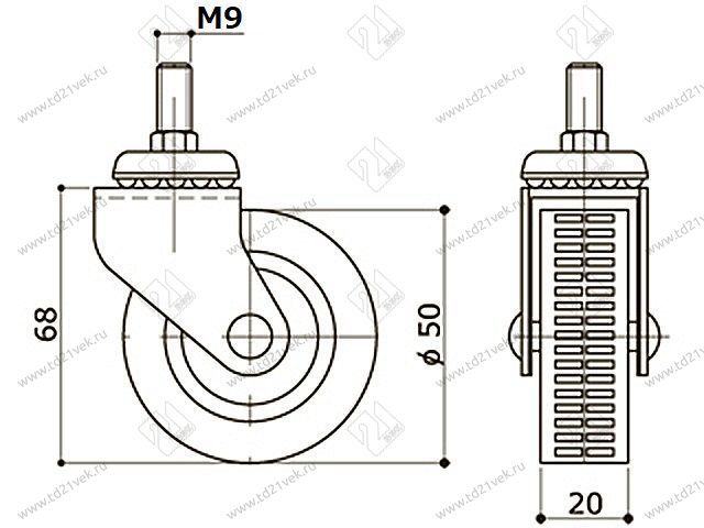 Опора колесная 322 нагрузка - 35 кг d=50, h=70 <100/500> 2