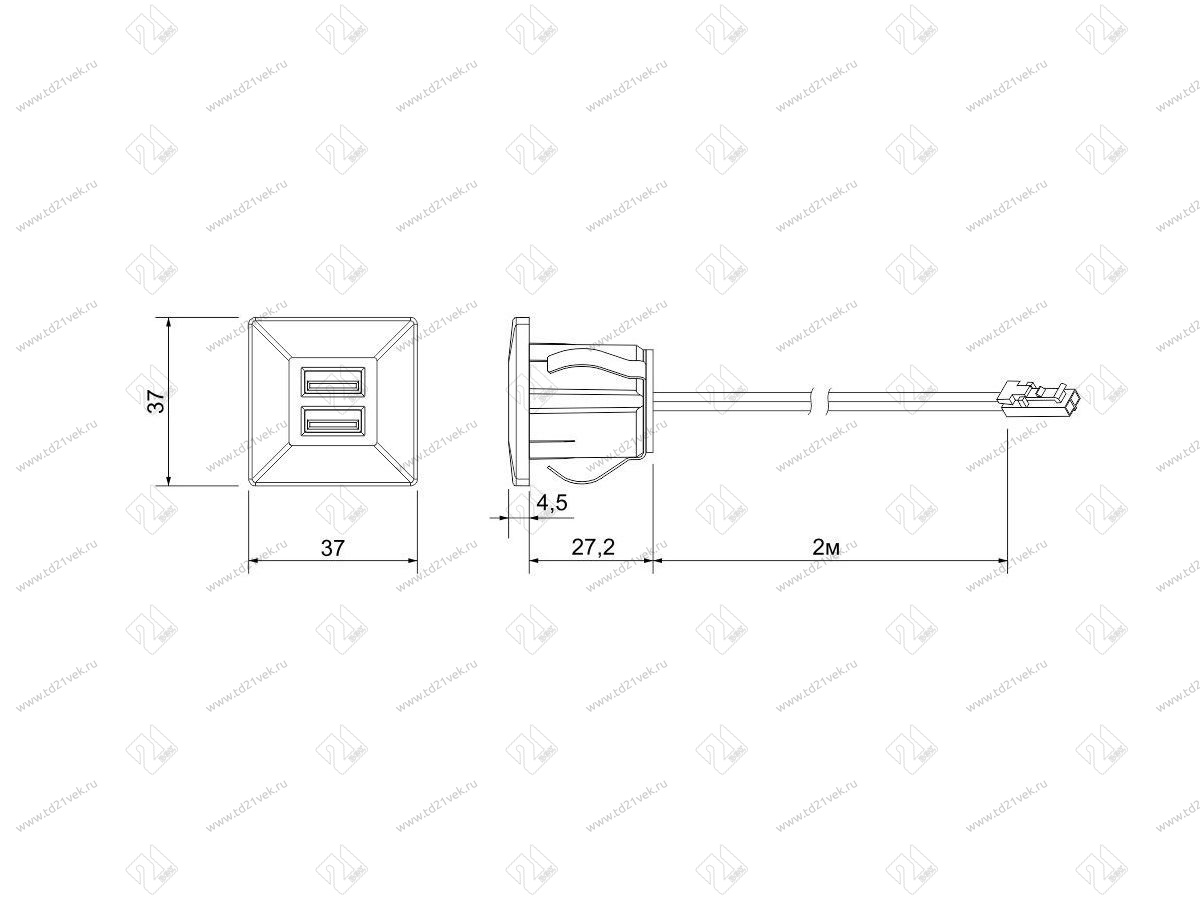 06.800.01.326 USB-розетка, врезная, квадратная, 2хUSB CHARGE-K, max. 3,4A, провод 2м c LED кон., 37х37х31.3мм, серебристый 2