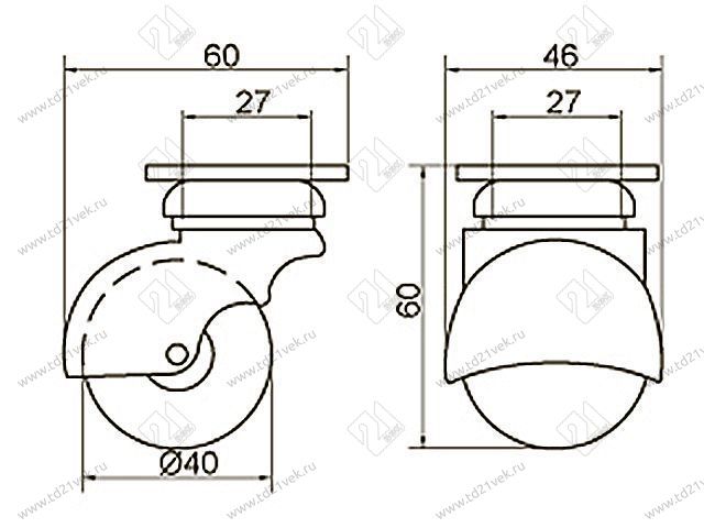 Опора колесная 202 шаровая малая нагрузка - 35 кг d=40, h=60 <100/300> 2