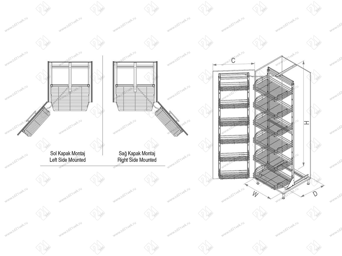 S-1248-C Выдвижная колонна для кухни в базу 600 мм, Starax, 6-ти ярусная, (530х510х1700-1850 мм) 3