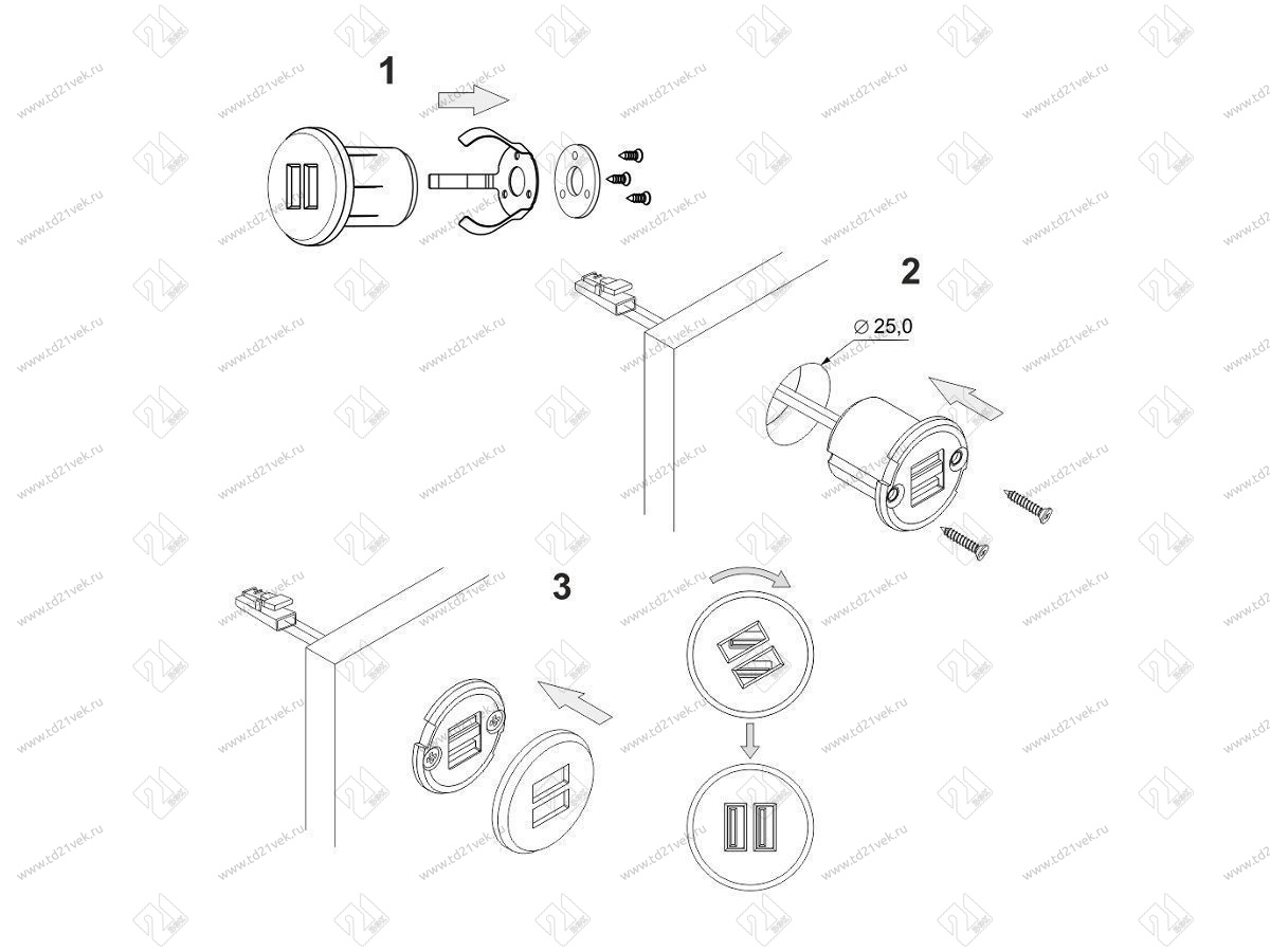 06.800.01.320 USB-розетка, врезная, круглая, USB CHARGE-S, 2xUSB, max.3,4A, провод 2м c LED кон., серебристый, 37х31.3мм 4
