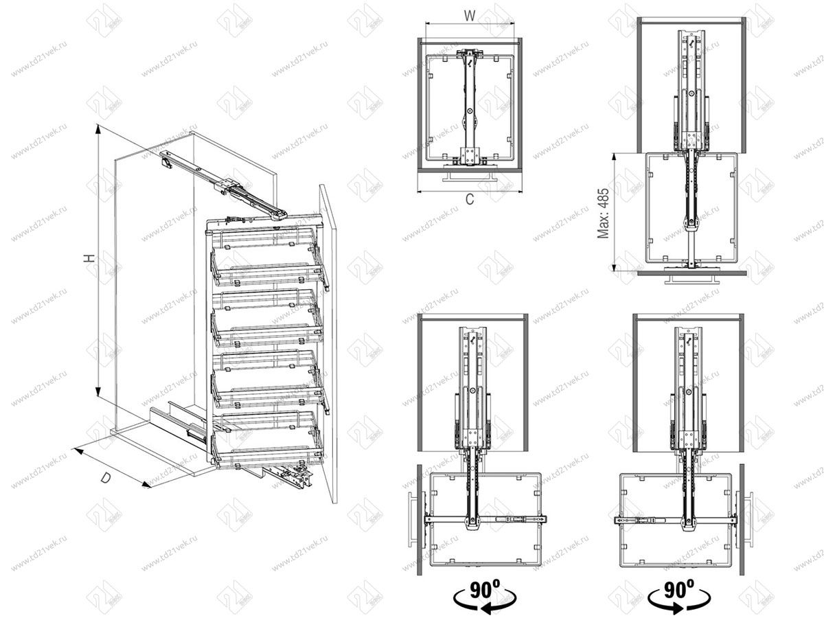 S-1422-C Шкаф-колонна поворотная в базу 450 мм, Starax, 4-х ярусная, (380x510x1250-1400 мм) 4