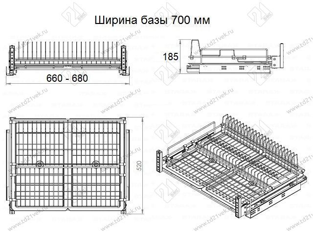 S-2032-C Сушка для посуды выдвижная в нижнюю базу 700 мм, Starax, направляющие Blum Tandem, с доводчиком,  (660-680х520х185 мм), хром 3