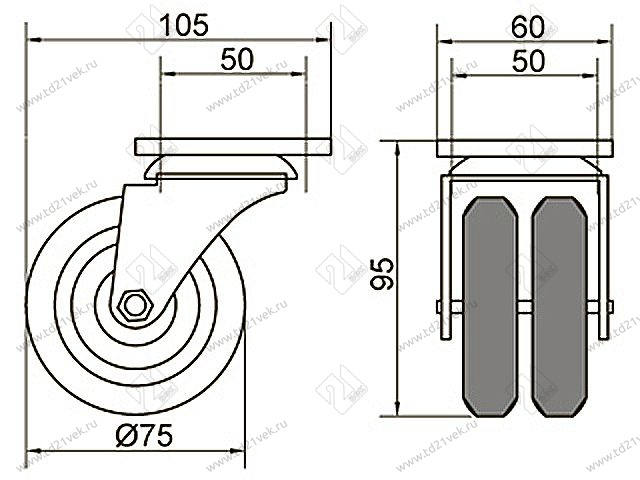 Опора колесная 391 нагрузка - 50 кг d=75, h=96 <50> 2