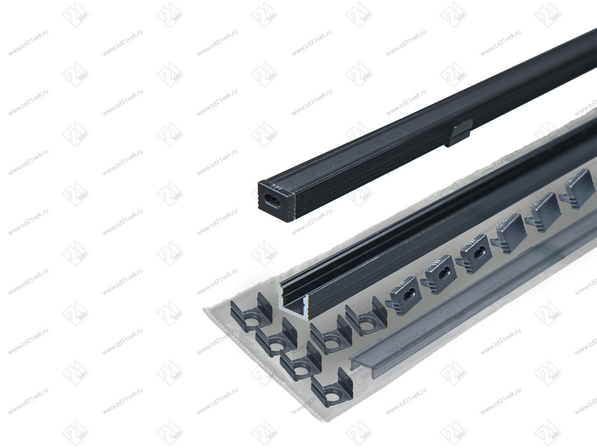19.143.38.499 Профиль алюминиевый КСС SOLO 0806Т ЧЕРНЫЙ накладной 3м, диффузор, 3+3 заглушки + 6 клипс. 2