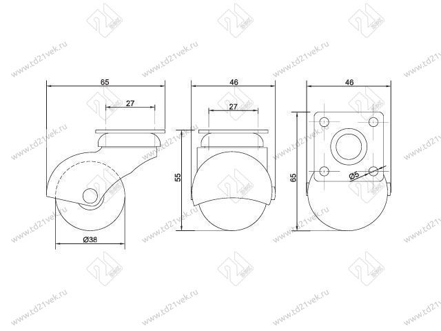 Опора колесная 206 нагрузка 35 кг d=38 h=55 <100> 2