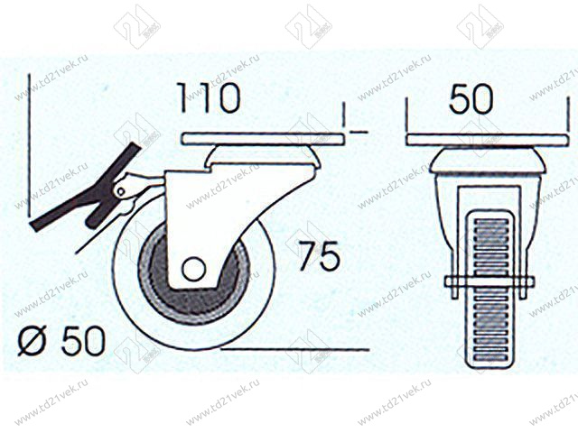 Опора колесная 254 нагрузка - 35 кг d=50, h=70 <100/300> 2