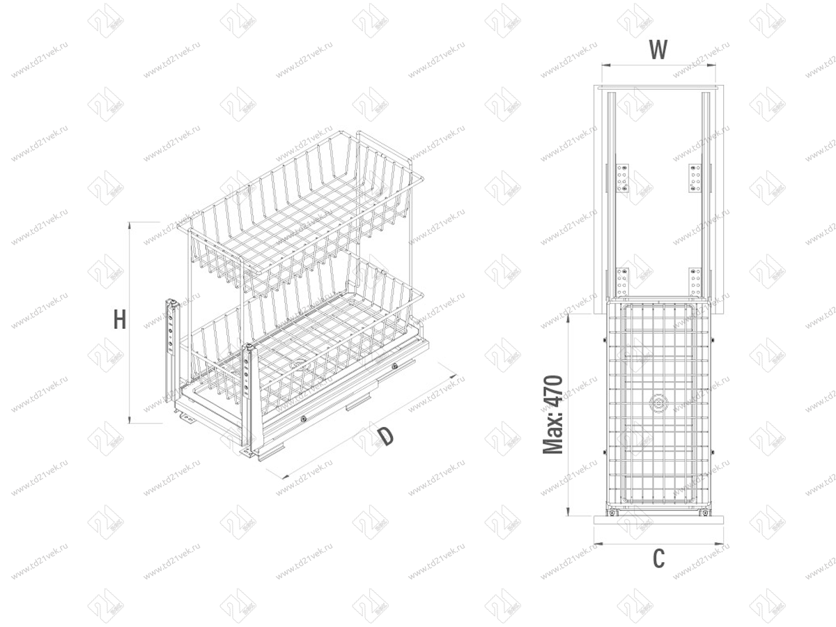 S-2193-A Выдвижная корзина Starax 2-х.ярусная,шир.350 (308х520х490) с доводчиком 3