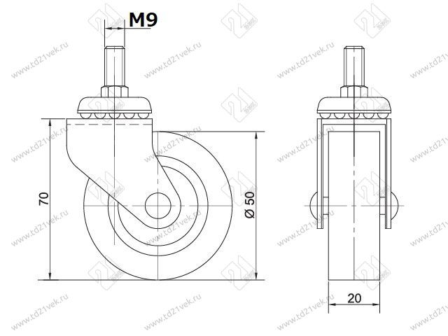 Опора колесная 312 нагрузка - 40 кг d=50, h=70 <100> 2