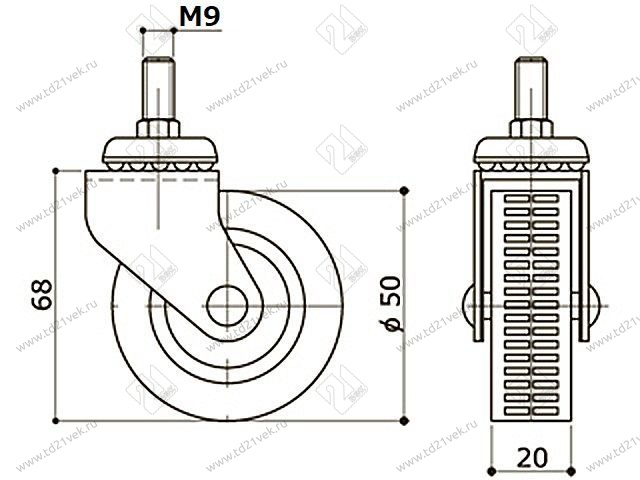 Опора колесная 322 нагрузка - 35 кг d=50, h=70 <100/500> 2