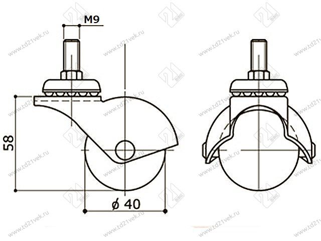 Опора колесная 207 нагрузка - 38 кг d=40, h=58 <100/300> 2