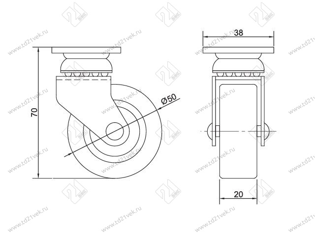 Опора колесная 311 нагрузка - 40 кг d=50, h=70 <100/500> 2
