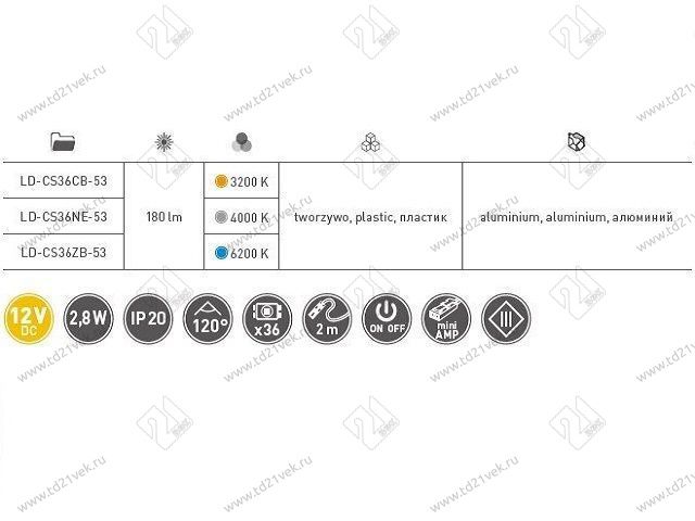 LD-CS36CB-53 светильник led с выключателем castello, 12v dc, 2,8 w,200см провод с miniamp, свет теплый <1> 3