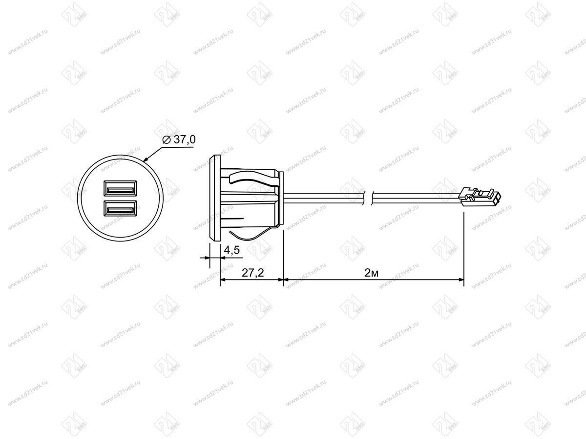 06.800.01.320 USB-розетка, врезная, круглая, USB CHARGE-S, 2xUSB, max.3,4A, провод 2м c LED кон., серебристый, 37х31.3мм 2