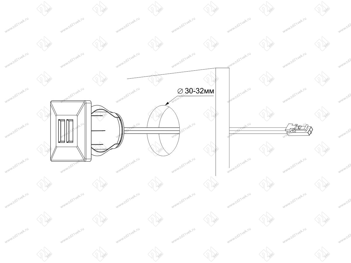 06.800.01.326 USB-розетка, врезная, квадратная, 2хUSB CHARGE-K, max. 3,4A, провод 2м c LED кон., 37х37х31.3мм, серебристый 3