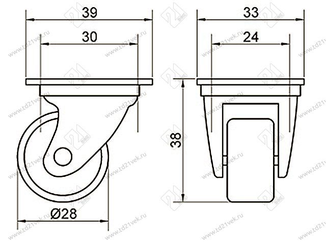 Опора колесная 338 нагрузка - 40 кг d=28, h=40 <100/500> 2