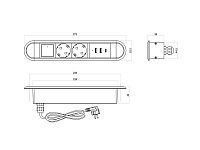 11.800.02.032 Встраиваемый блок розеток OPTIMA со скругленной рамкой, черный, 2хEU, 250В 10А, 2хUSB A+USB C 5В, 3А, с нажимным выключателем, 272х54х45мм, кабель 1,8м с вилкой EU
